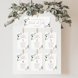 MINIMALISTISCHE zitplaatsen grafieksjabloon, eucalyptusgroen afdrukbare bruiloft zitplaatsen plan, hangende zitplank, tafel zitplaatsen poster EVA BP100