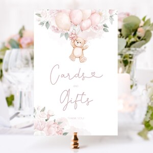 Cartões e presentes de ursinho de pelúcia, placa para chá de bebê, balões rosa, placa para mesa de presente de bebê para impressão, placa de ursinho de pelúcia para chá de bebê para menina