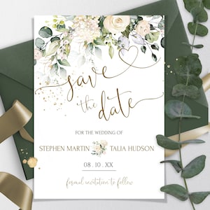 Modèle "Retenez cette date" rose crémeux, "Retenez cette date" or de verdure imprimable, "Retenez cette date" fleur blanche modifiable à télécharger, Floral MIA | LE150