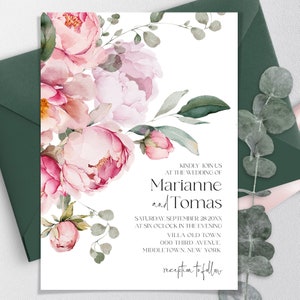 PEONY Hochzeitseinladung Vorlage | Rosa Pfingstrosen Hochzeit einladen | Bearbeitbar Blush Pink Hochzeit einladen Download | Hochzeitseinladung in zartem rosa