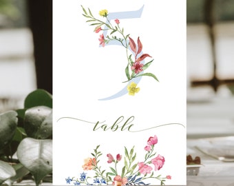WildFlowers Bloom Pink Blue Table Numbers Template, Printable Pink soft blue Wedding Table Numbers, Flowers Editable Table Numbers Card