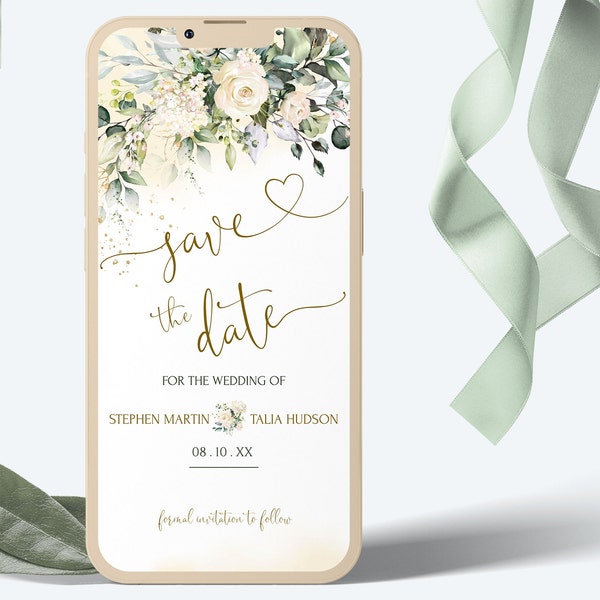 Creamy Digital Save the Date | Flowers Editable Save the Date | White Flower Electronic Save our Date | Editable Template | MIA | LE150