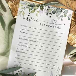 Modèle Conseils de verdure pour la future maman | Carte conseil imprimable pour baby shower | Baby shower eucalyptus | COEUR DIY modifiable | LE170