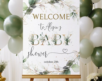 Baby Shower Welcome Sign | Sage Green & Gold Printable Baby Shower Sign | Eucalyptus Baby shower Poster | Greenery Welcome Signage |  LE410