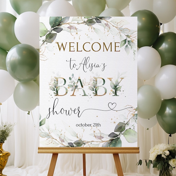 Panneau de bienvenue pour baby shower | Panneau de baby shower imprimable vert sauge et or | Affiche de douche de bébé d’eucalyptus | Signalisation de bienvenue de verdure | ROYALTIES