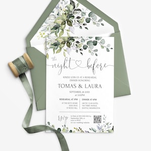Night Before Invitation Template | Sage Green Rehearsal Dinner| Eucalyptus wedding Invitation Watecolor leaf | HEART | LE170