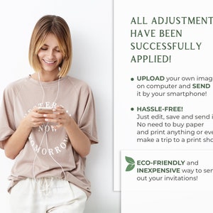 May include: A woman wearing a tan t-shirt with the words "Yesterday, Now, Tomorrow" in a circular design, holding a smartphone and listening to music. Text on the right side says "All adjustment have been successfully applied!"