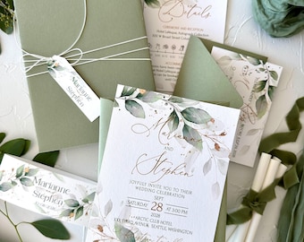 Sage Green Wedding Invitation Suite: Handmade Envelope, Personalized Tag