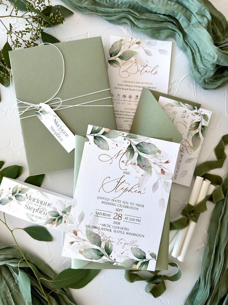 Sage Green Wedding Invitation Suite: Handmade Envelope, Personalized ...