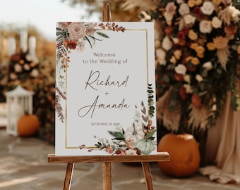 Fall Wedding Welcome Sign Template: Copper Floral, Editable (Printable Board Design)