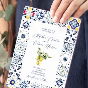 Blue Wedding Invitation Template Mediterranean Lemon Italian Tuscan Diy Invites