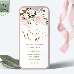 Blush roze sjabloon digitale huwelijksuitnodiging, zachtroze bloemen bruiloft iPhone-uitnodiging, roze bewerkbare mobiele uitnodigingen, smartphone-sms | ROOS