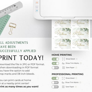 May include: A printable template for place cards with a green leafy design and gold lettering. The template includes the text "Helen Marshal" and "Anna Radmond". The image also shows instructions for home and professional printing, including options to show bleed, trim marks, and save paper.