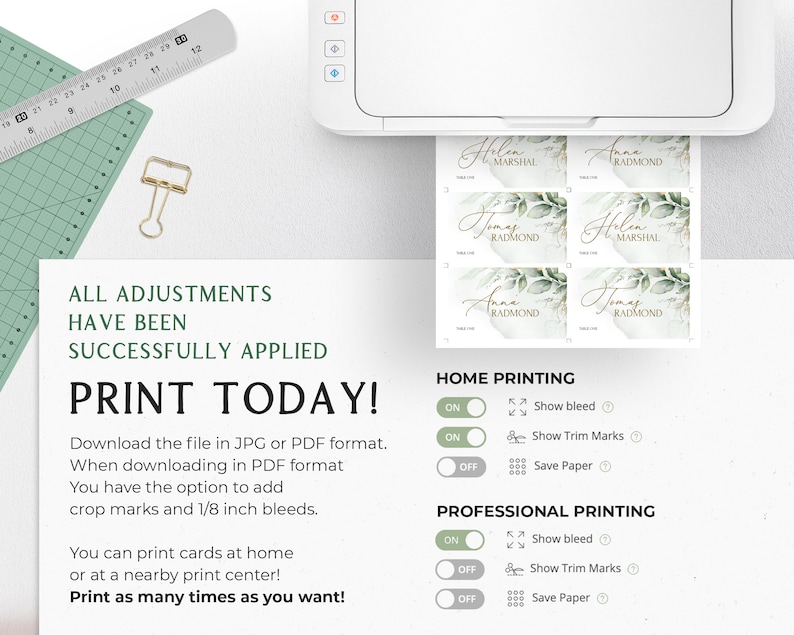 May include: A printable template for place cards with a green leafy design and gold lettering. The template includes the text "Helen Marshal" and "Anna Radmond". The image also shows instructions for home and professional printing, including options to show bleed, trim marks, and save paper.