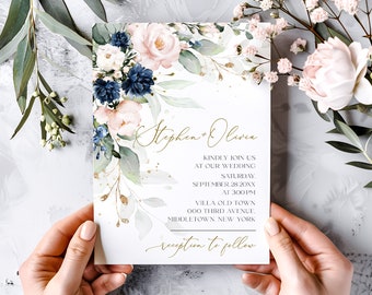 May include: Wedding invitation with a floral design in shades of pink, blue, and green. The text reads "Stephen & Olivia" and includes the wedding date, time, and location. The invitation also states "reception to follow".