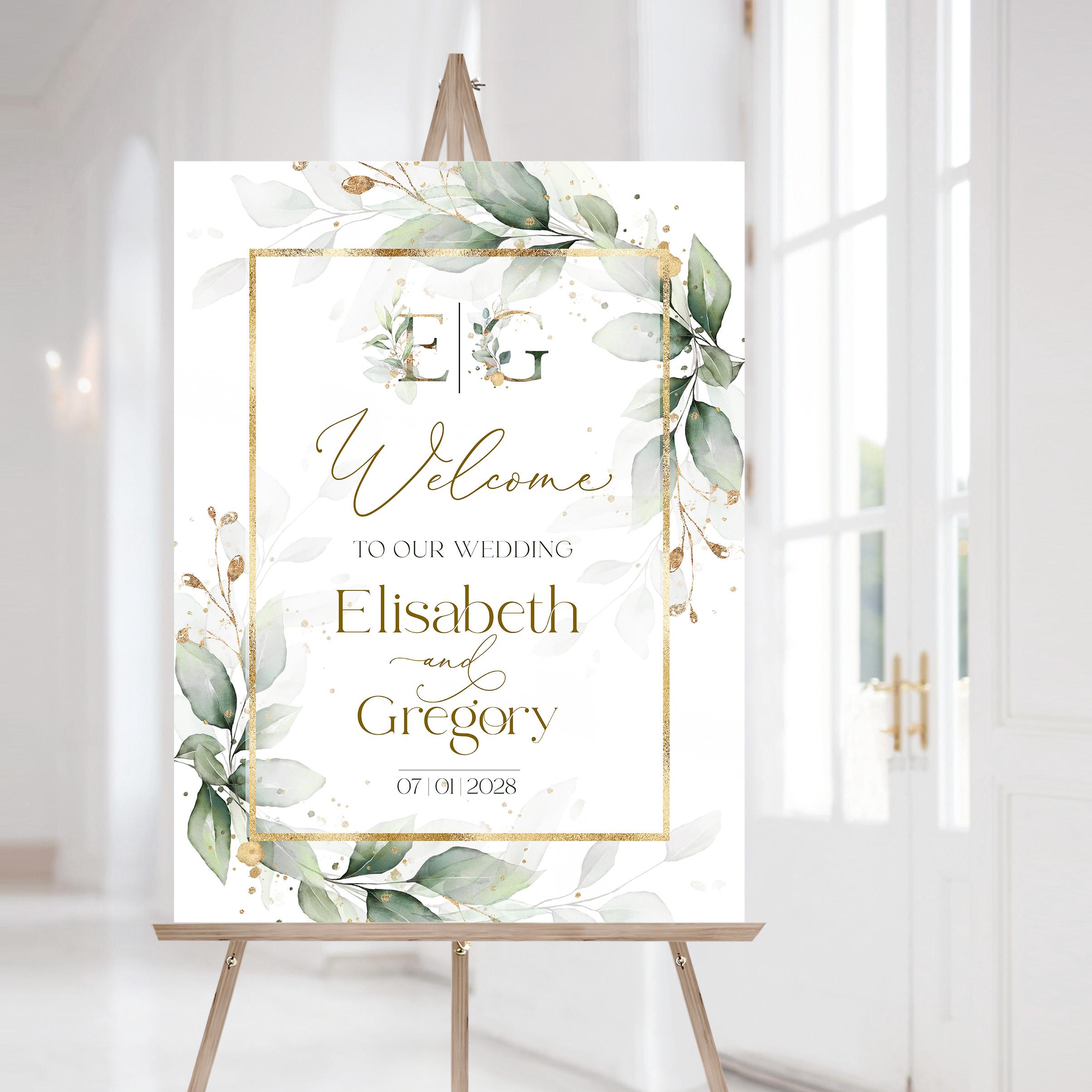 Sage Green Wedding Welcome Sign Template Greenery Gold Welcome Poster | Eucalyptus Wedding Board | Editable Template GRACE | LE220