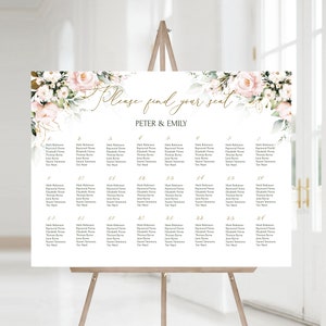 Sjabloon blush roze zitplaatsen, blush roze plattegrond download, afdrukbare blush roze bloemen bruiloft zitplaatsen grafiek ROSIE LE350