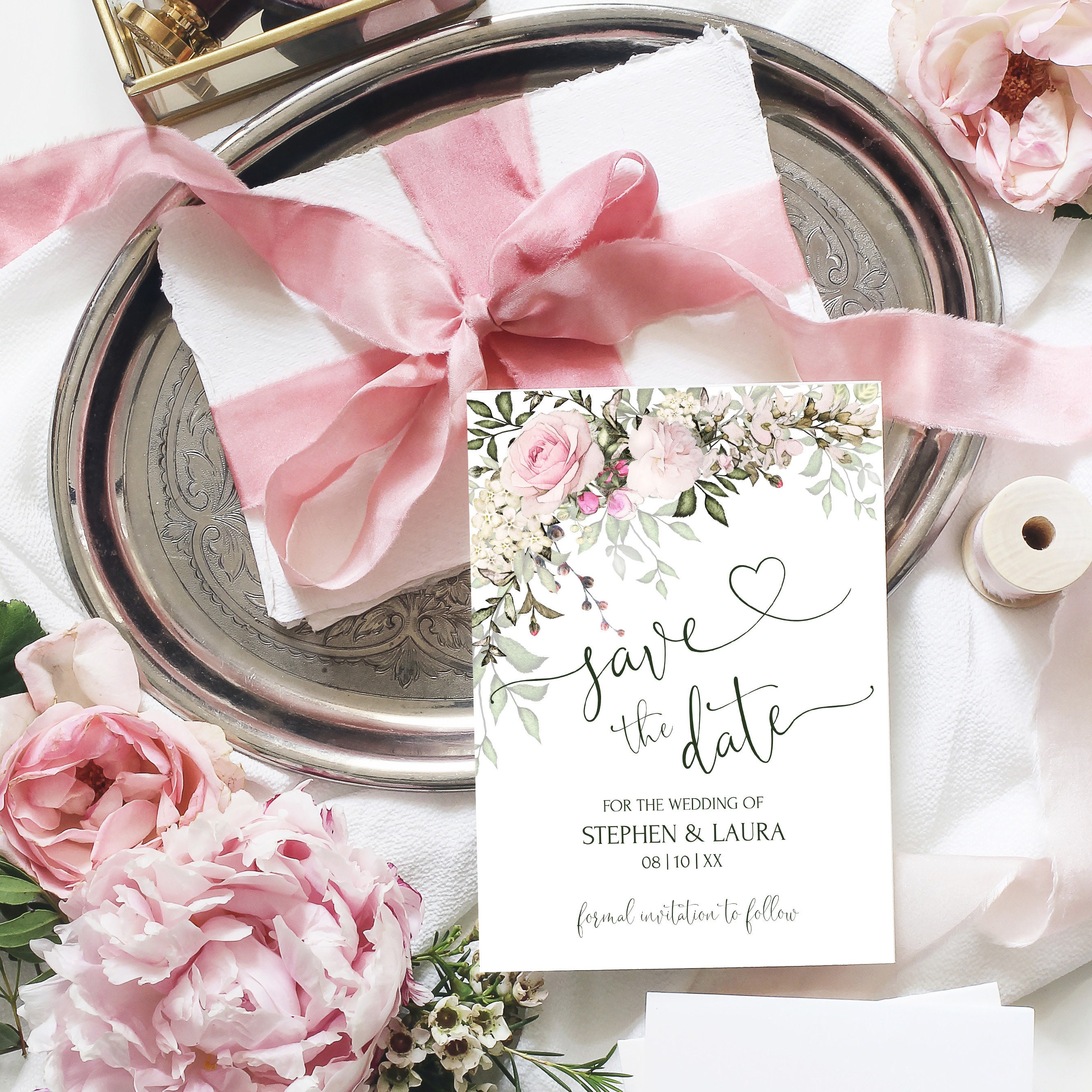 Rose Bloom Save the Date Template, Printable Pink Save the Date ...