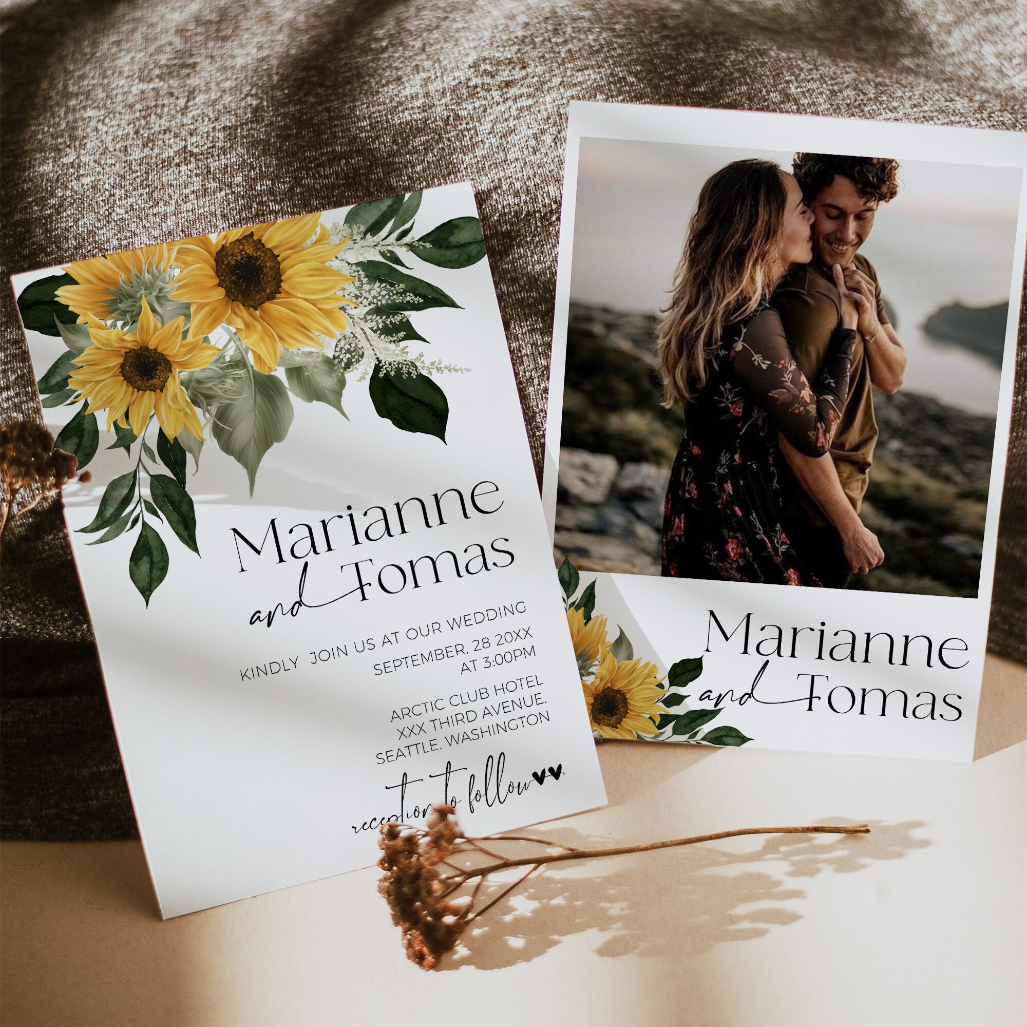 Sunflower Wedding Invitation Template Rustic Floral Invite (printable