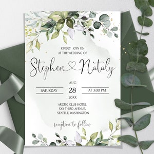 Greenery Hochzeitseinladungs-Vorlage | Salbei grün Printable Hochzeit Einladen | Eukalyptus Editable We Do Hochzeit lädt ein | HERZ | LE170