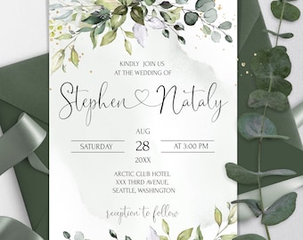 Greenery Wedding Invitation Template | Sage green Printable Wedding Invite | Eucalyptus  Editable We Do Wedding invites | HEART | LE170