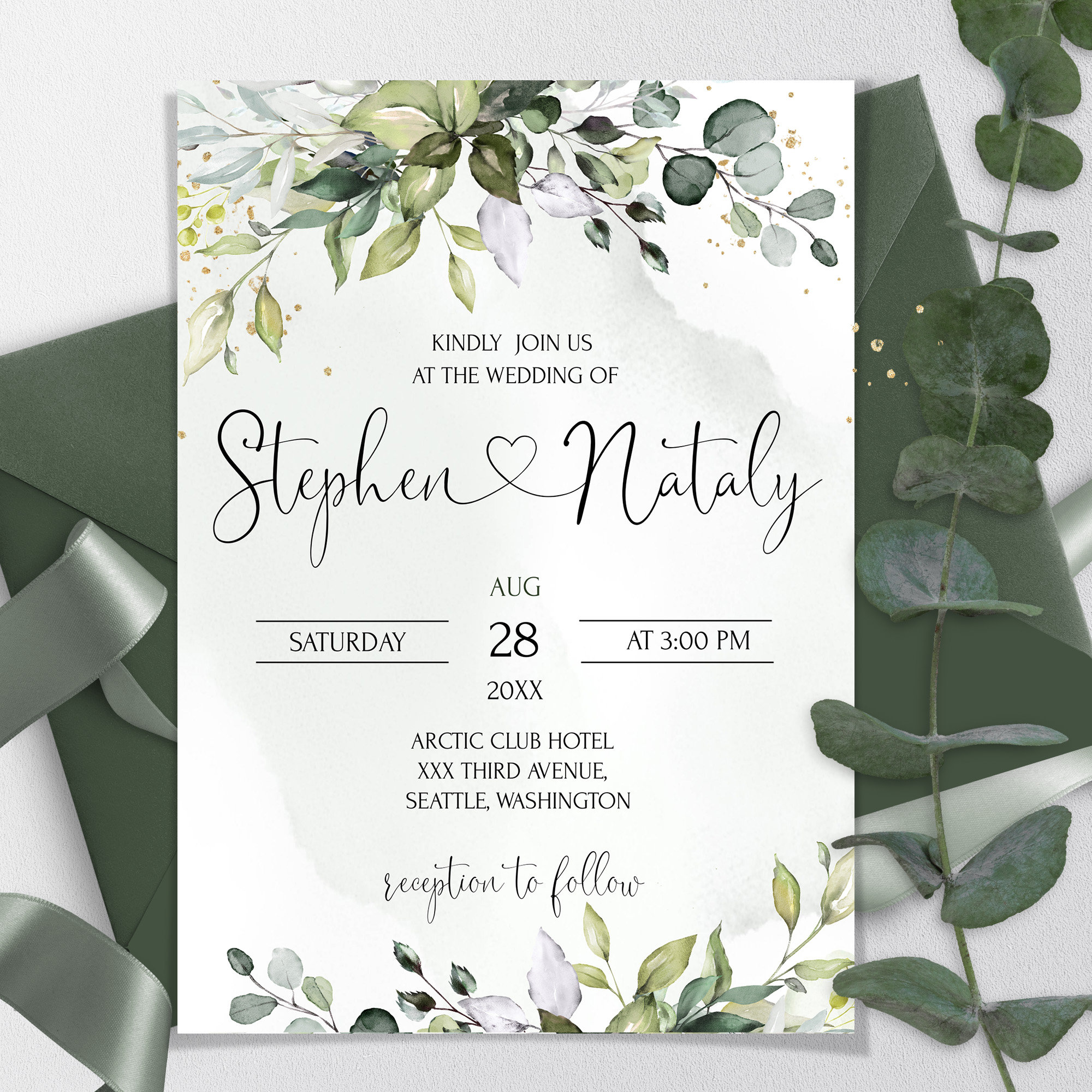 Greenery Wedding Invitation Template | Sage green Printable Wedding Invite | Eucalyptus  Editable We Do Wedding invites | HEART | LE170