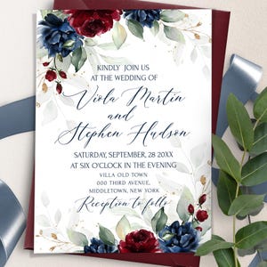 Burgunder Marineblaue Hochzeitseinladung Vorlage | Burgund Royal Blau Hochzeit einladen | Burgunder Blumen einladen | Moderne Hochzeitseinladung