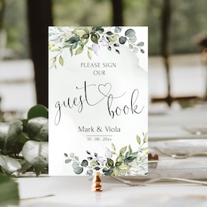 Guest Book Sign Template, Printable Eucalyptus Wedding Guest Book Sign, Editable Greenery Guestbook sign | Sign our Guest book HEART | LE170