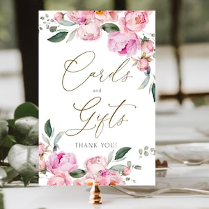 Tarjetas y regalos Letrero Peonías Imprimible Decoración de mesa de boda con Flores Rosas