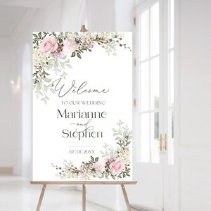 Modèle de plaque de bienvenue mariage rose thé, plaque de bienvenue modifiable rose blush, affiche de bienvenue de mariage imprimable, panneau de bienvenue rose de jardin LE200