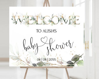 ROYALTY - Modèle de panneau de bienvenue de baby shower, panneau de douche de bébé en or de verdure imprimable, panneau de douche d’eucalyptus modifiable à télécharger