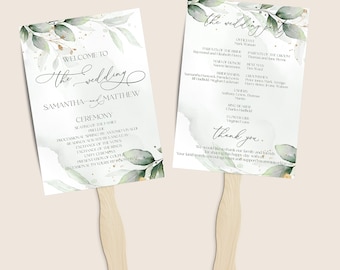 Sage Green Wedding Program Fan Template: Eucalyptus Gold Script (Digital Download) Grace  LE220