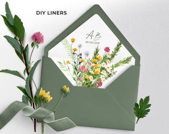 Puede incluir: Un sobre verde con un inserto blanco que presenta una ilustración de acuarela de flores silvestres y el texto "A B 28 | 09 | 2028". DIY Liners está escrito en la parte superior del sobre.