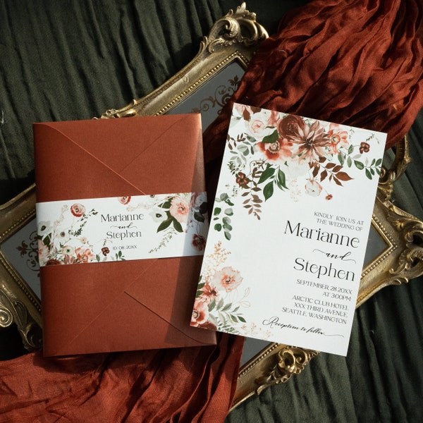 Burgundy Printed Wedding Invitation | Bohemian Wedding Invitation with Envelope | Terracotta Wedding Invitation Set Belly band | Details