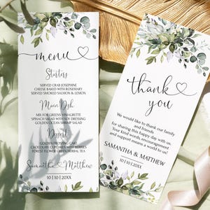 Modello di biglietto di ringraziamento per il menù di nozze / Menù stampabile Greenery Gold / Menù di nozze modificabile Eucalyptus / Menù per la cena del brunch HEART / LE170