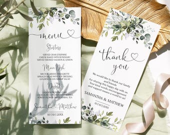 Wedding Menu Thank you Card Template | Printable Greenery Gold Menu | Editable Eucalyptus Wedding Menu | Brunch Dinner Menu HEART | LE170