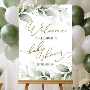 Baby Shower Welcome Sign Template, Printable Greenery Gold Baby Shower Welcome Board, Editable Eucalyptus Shower Welcome Poster GRACE LE220