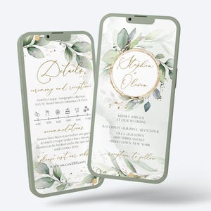 Sage Hochzeit Digitales Einladungs-Set, Grün Gold Eukalyptus Hochzeit einladen, Grüne Hochzeit elektronische Einladung, bearbeitbare Vorlage GRACE LE220