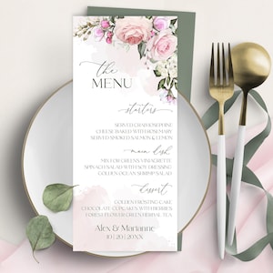 Menusjabloon afdrukbare blush roze bloemen bruiloft menukaart tuin roos bruiloftsmenu | Bloemendinermenu DIY | LE200 THEE ROSE