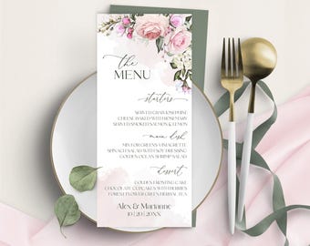 Blush Pink Floral Wedding Menu Template (Digital Download)