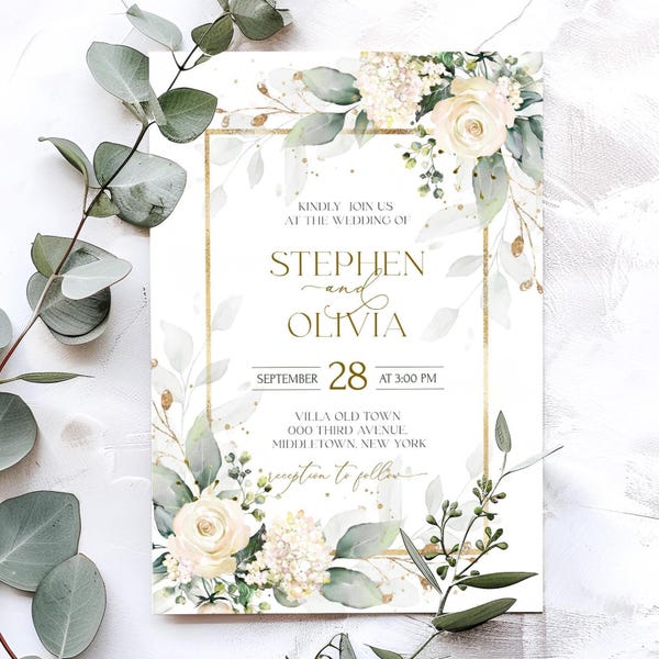 Plantilla de invitación de boda con flores color crema: Flores color champán imprimibles (descarga digital) MIA/LE150