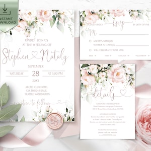 Blush Pink Wedding Invitation Bundle Template, Printable Pink Wedding Invite Download, Editable Blush Pink Wedding invites Set | ROSE LE270