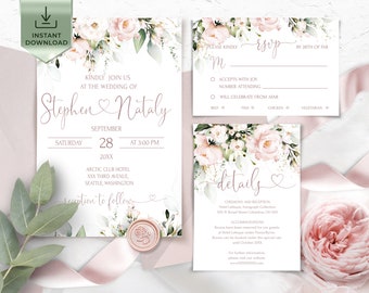 Blush Pink Wedding Invitation Template: Editable Floral Invite Set (Digital Download)  ROSE LE270
