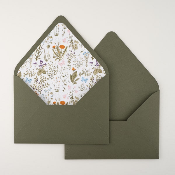 Green Printed Wedding Envelope, Wildflower Envelope For Invitation, Handmade Envelope Liner, Wedding Envelope Rustic Liner