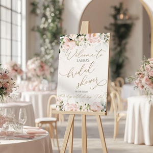 Modèle de plaque de bienvenue rose poudré pour la douche nuptiale, plaque de bienvenue nuptiale modifiable fleur rose affiche de bienvenue nuptiale imprimable ROSIE LE350