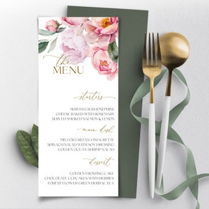 Plantilla de menú de boda con peonías / Tarjeta de menú imprimible con flores rosas / Menú de cena editable con motivos florales modernos