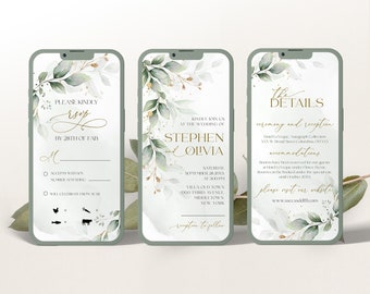 Ensemble d'invitations numériques de mariage sauge | Lot d'invitations de mariage en eucalyptus doré vert | Invitation électronique de mariage de verdure | modèle | GRÂCE