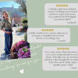 May include: A woman in a green shirt and blue jeans stands in front of a building. Text on the image includes customer feedback and the phrase "Thank you for your feedback! It inspires me to create something special for you."