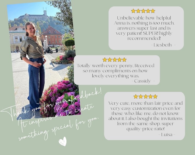 May include: A woman in a green shirt and blue jeans stands in front of a building. Text on the image includes customer feedback and the phrase "Thank you for your feedback! It inspires me to create something special for you."