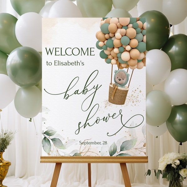BEAR - Baby Shower Welcome Sign Template, Bear Baby Shower Poster, We can bearly wait, Printable Greenery & Brown Baby, Download